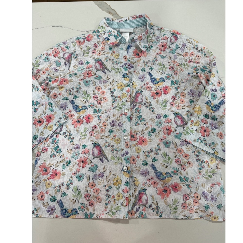 Alfred Dunner Womens Small Bird Floral Print Button Down Shirt 3/4 Sleeve Multi